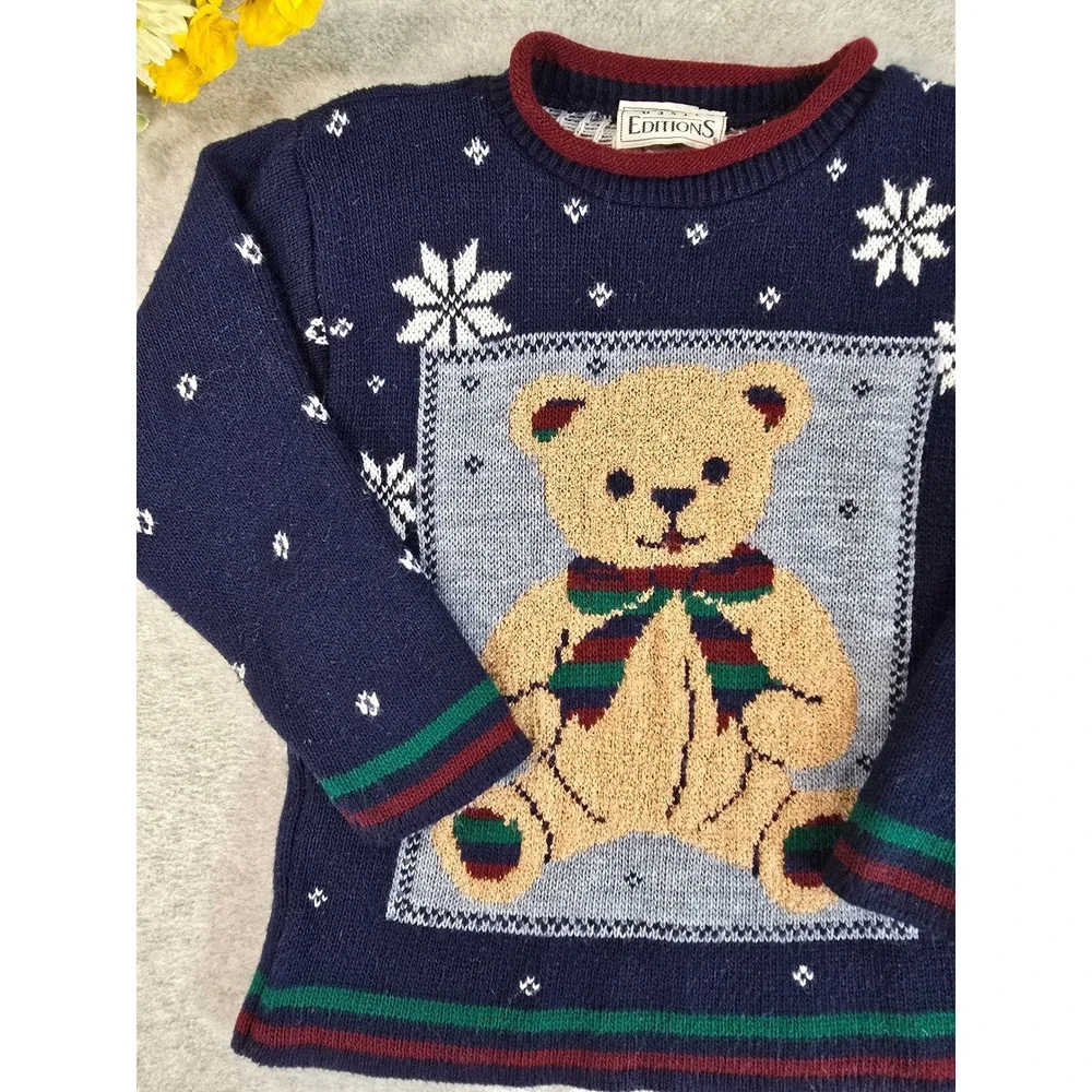 Vintage 90s Basic Editions Knit Sweater Kids 6/6X Navy Blue Teddy Bear Christmas
